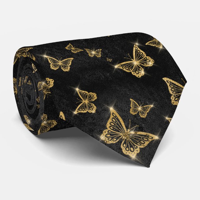 Gold Sparkle Glam Butterflies  Neck Tie (Rolled)