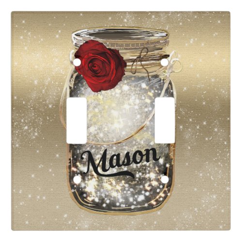 Gold Sparkle Glam Red Rose Mason Jar Light Switch Cover