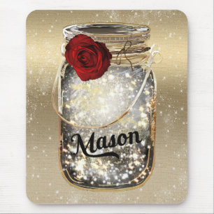 Gold Sparkle Glam Red Rose Mason Jar Mouse Pad