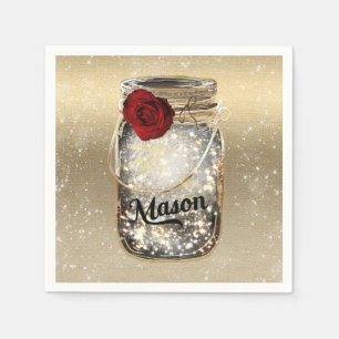Gold Sparkle Glam Red Rose Mason Jar Napkins