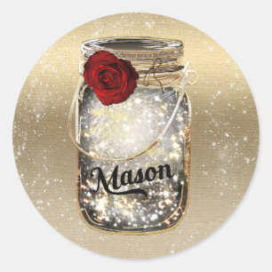 Gold Sparkle Glam Red Rose Mason Jar Party Classic Round Sticker