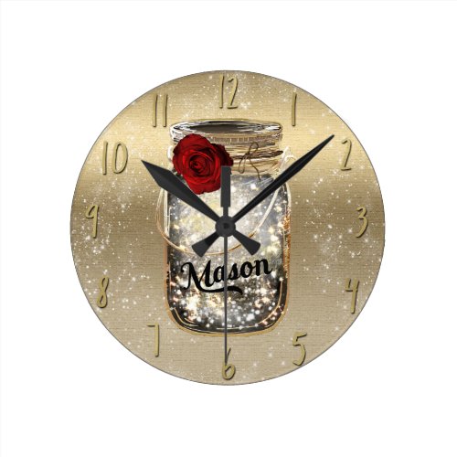 Gold Sparkle Glam Red Rose Mason Jar Round Clock