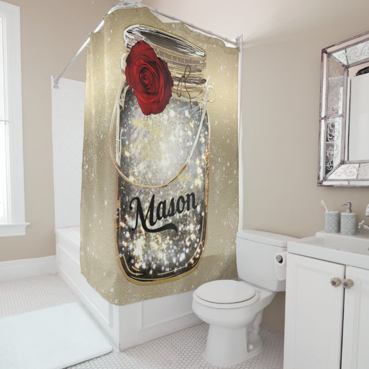 Gold Sparkle Glam Red Rose Mason Jar Shower Curtain Zazzle