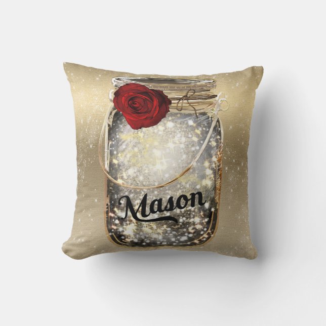 Gold Sparkle Glam Red Rose Mason Jar Throw Pillow (Front)