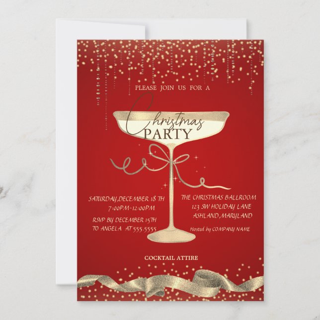 Gold Sparkle,Glass,Corporate Red Christmas Party Invitation (Front)