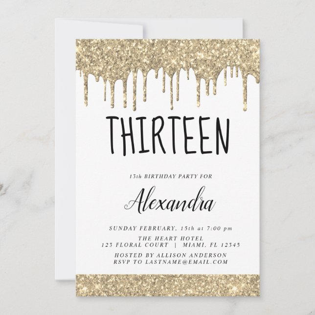 Gold Sparkle Glitter 13th Thirteen Birthday Invitation (Front)