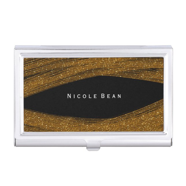 Gold Sparkle Glitter & Black Business Card Holder (Front)