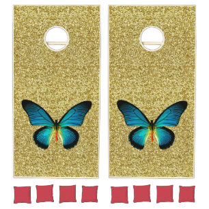Gold Sparkle Glitter Blue Butterfly Cornhole Set