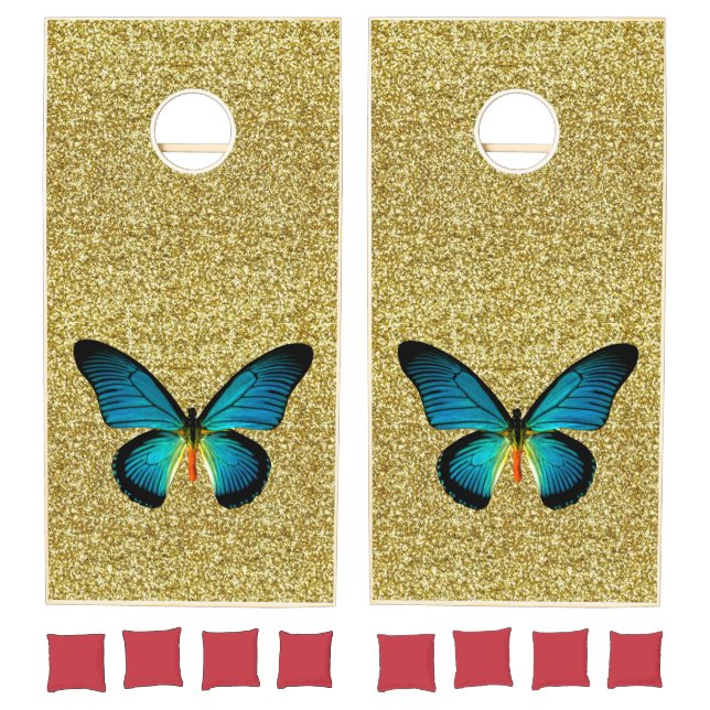 Gold Sparkle Glitter Blue Butterfly Cornhole Set (Set)