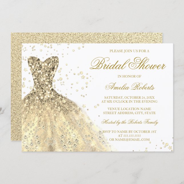 Gold Sparkle Glitter Dress Bridal Shower Invitation (Front/Back)