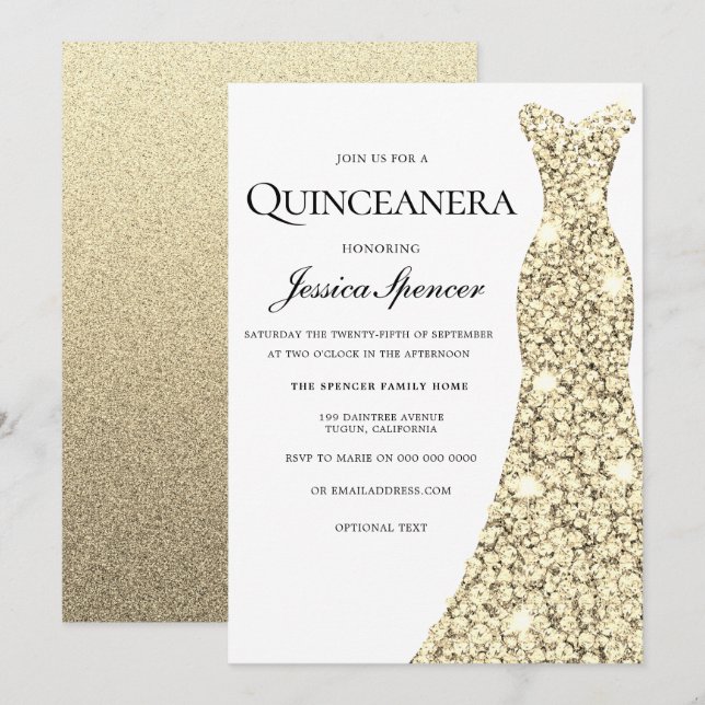 Gold Sparkle Glitter Dress Quinceanera Invite (Front/Back)