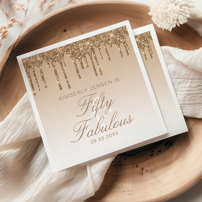 Gold Sparkle Glitter Drip 50 and Fabulous Birthday Napkins (Creator Uploaded)