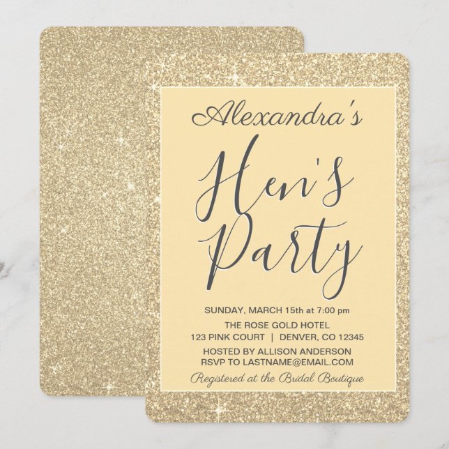 Gold Sparkle Glitter Hen's Party Invitation (Front/Back)