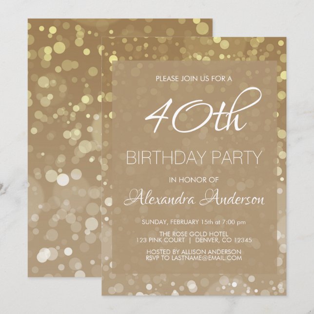 Gold Sparkle Glitter Lights 40th Birthday Party Invitation (Front/Back)