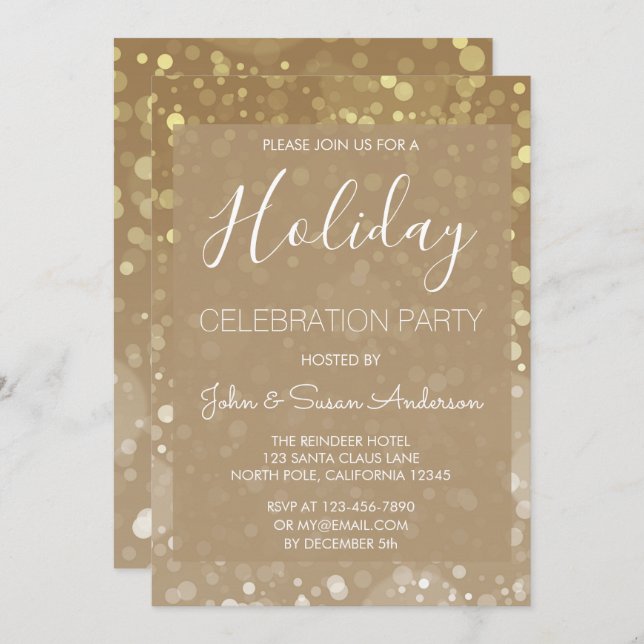 Gold Sparkle Glitter Lights Holiday Party Invitation (Front/Back)