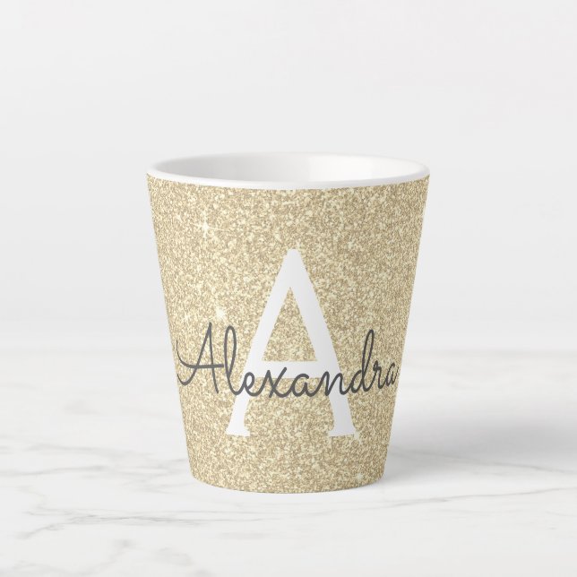 Gold Sparkle Glitter Monogram Name & Initial Latte Mug (Front)
