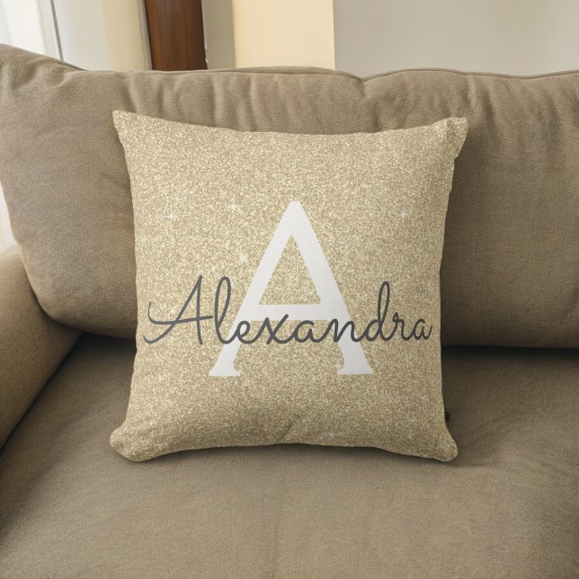 Gold Sparkle Glitter Monogram Name & Initial Throw Pillow (Creator Uploaded)