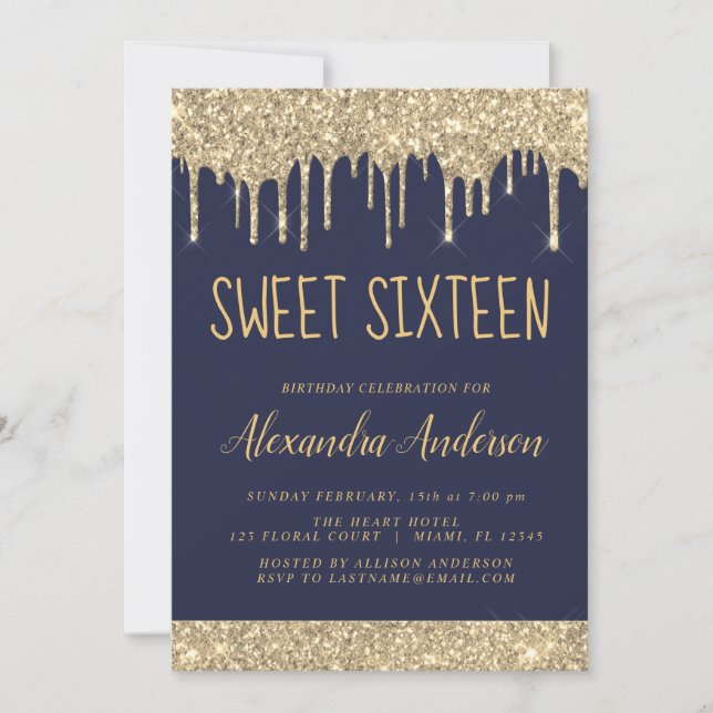 Gold Sparkle Glitter Sweet Sixteen Birthday Invitation (Front)