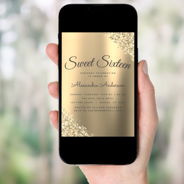 Gold Sparkle Glitter Sweet Sixteen Birthday Invitation (Front Digital)