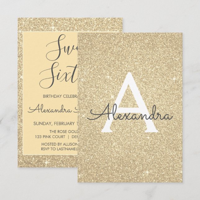 Gold Sparkle Glitter Sweet Sixteen Birthday Invitation (Front/Back)