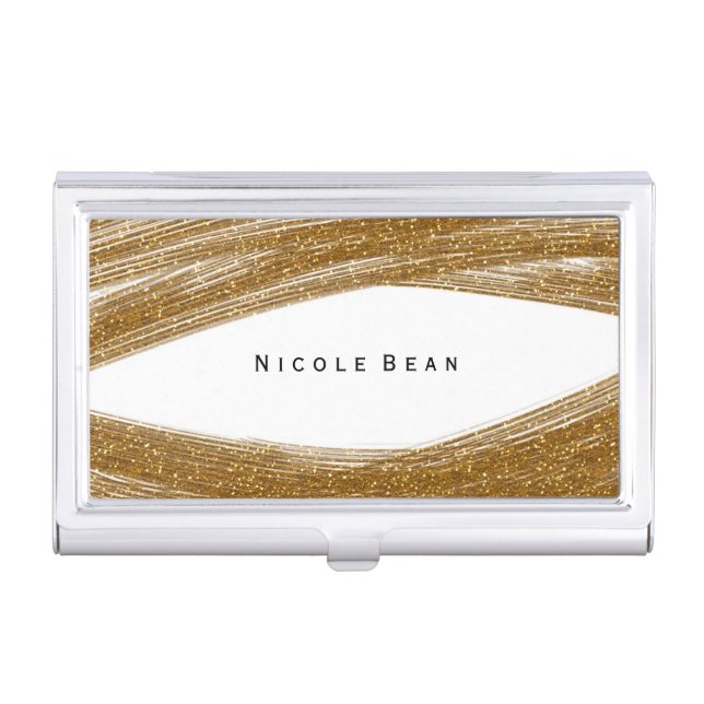 Gold Sparkle Glitter & White Business Card Holder (Front)