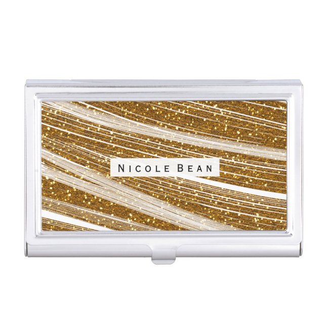 Gold Sparkle Glitter & White Business Card Holder (Front)
