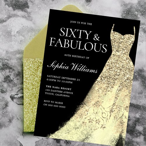 Gold Sparkle Gown Black 60th Birthday Party  Invitation