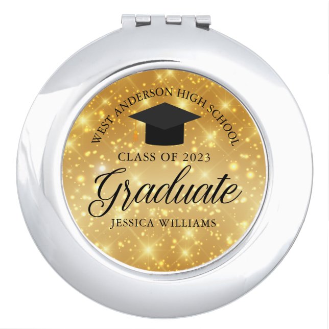 Gold Sparkle Graduate Custom Chic 2025 Graduation Compact Mirror (Front)
