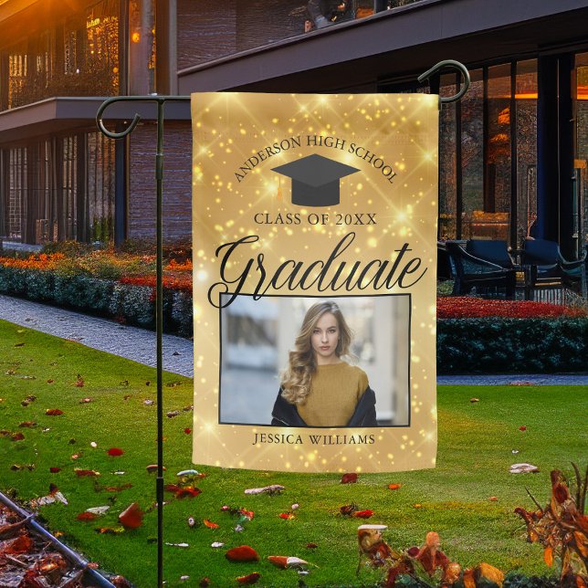 Gold Sparkle Graduate Photo Chic Custom Graduation Garden Flag (Creator Uploaded)
