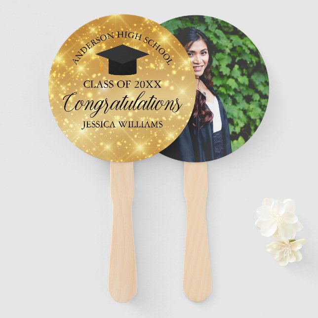 Gold Sparkle Graduation Custom Congratulations Hand Fan (Front and Back)