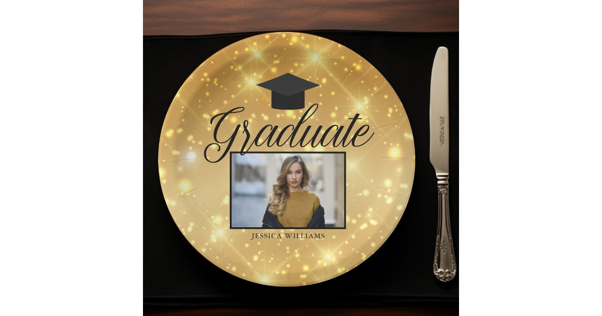 Gold Sparkle Graduation Photo Chic Custom Party Paper Plates | Zazzle