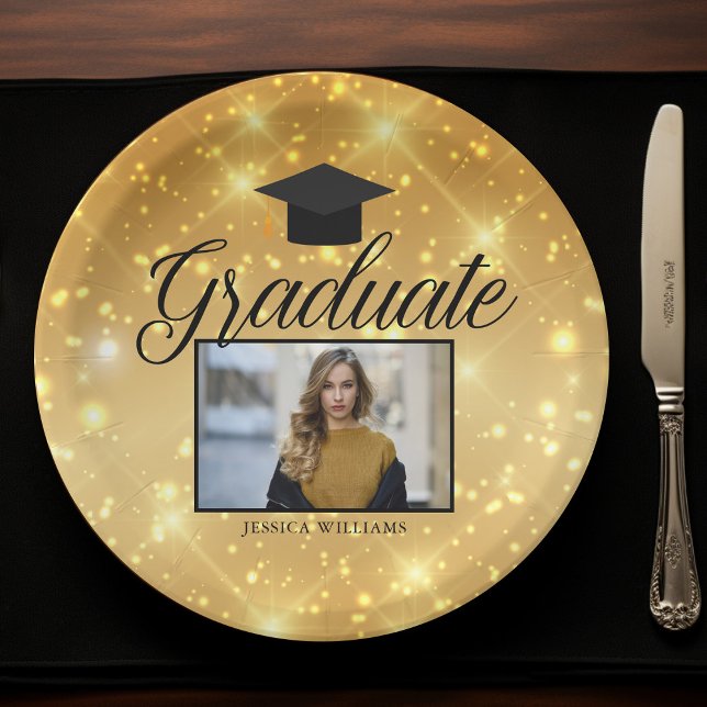 Gold Sparkle Graduation Photo Chic Custom Party Paper Plates (Creator Uploaded)