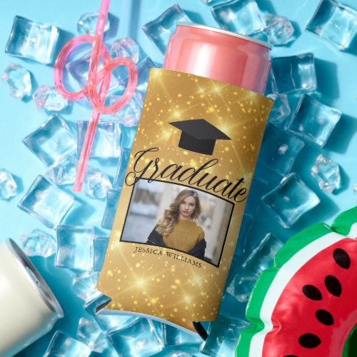 Gold Sparkle Graduation Photo Chic Custom Party Seltzer Can Cooler