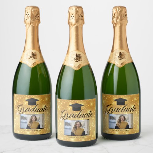 Gold Sparkle Graduation Photo Chic Custom Party Sparkling Wine Label