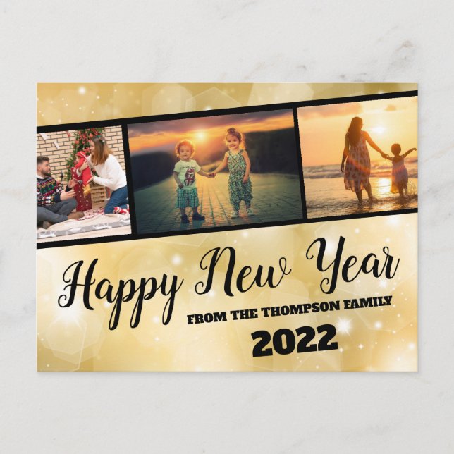 Gold Sparkle Happy New Year Photo Collage Postcard (Front)