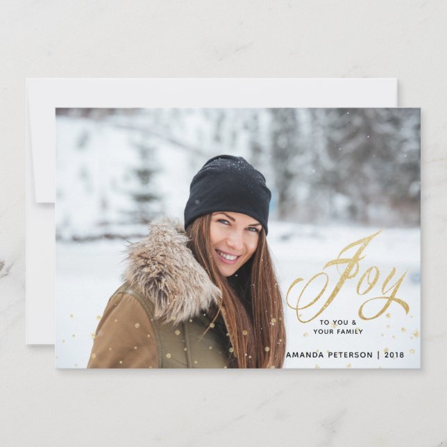 Gold Sparkle Joy Christmas Family Photo Cards (Front)