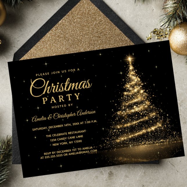 Gold Sparkle Light Tree Christmas Party Invitation (Creator Uploaded)