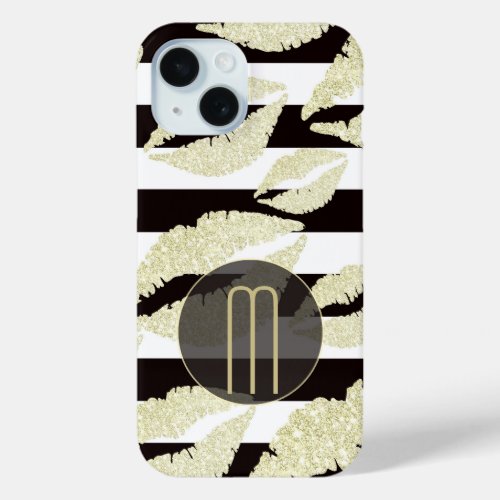 Gold Sparkle Lips Monogram iPhone 15 Case