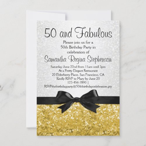 Gold Sparkle-look Bow 50th Birthday Party Personalized Invitations