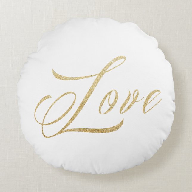 Gold Sparkle Love Round Throw Pillow (Front)