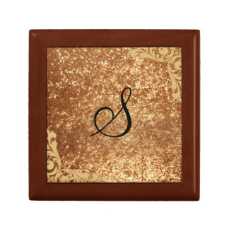 Gold Sparkle Monogram Wooden Jewelry Keepsake Box
