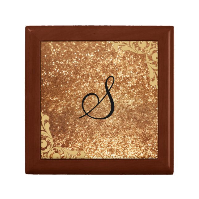 Gold Sparkle Monogram Wooden Jewelry Keepsake Box (Front)