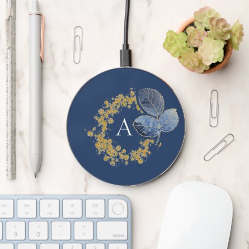 Gold Sparkle Navy Blue Leaf Monogram Add Your Name Wireless Charger