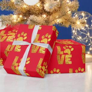Gold Sparkle - Paw Print Love on Red Wrapping Paper