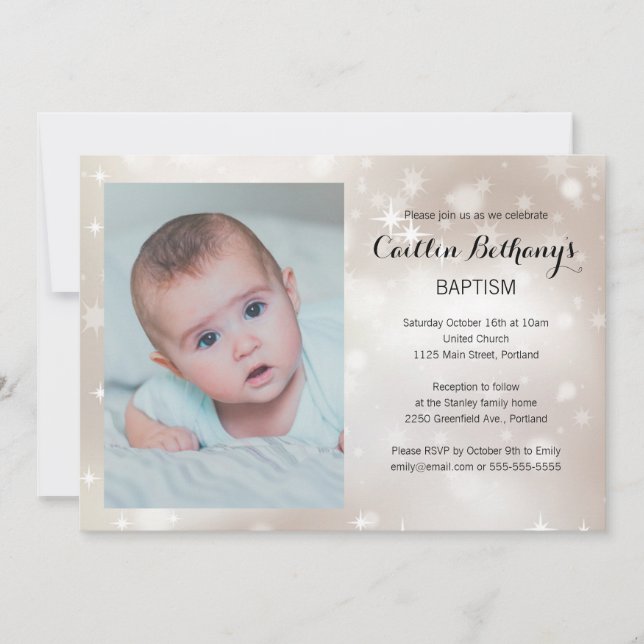 Gold Sparkle Photo Baby Baptism Christening Invitation (Front)