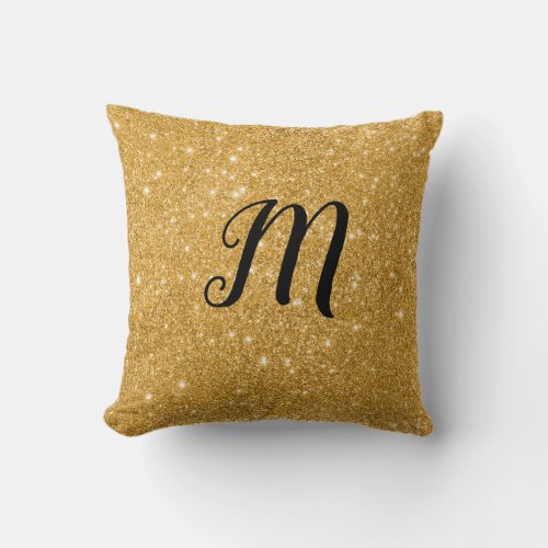 Gold Sparkle print Bling with Initial Throw Pillow