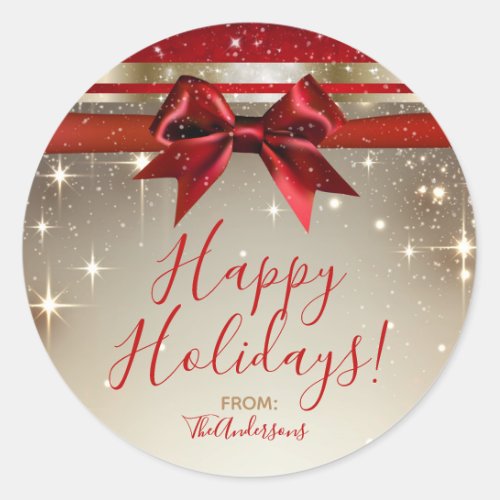 Gold Sparkle Red Bow Elegant Glam Holiday Favor Classic Round Sticker