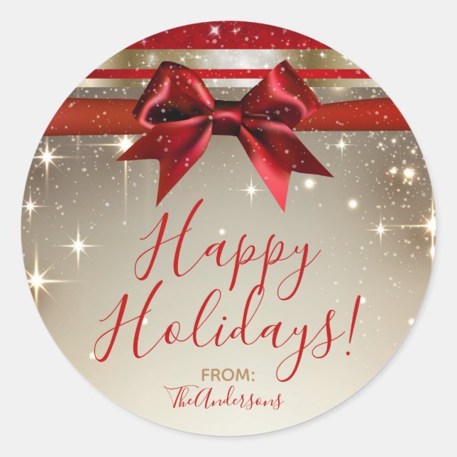 Gold Sparkle Red Bow Elegant Glam Holiday Favor Classic Round Sticker (Front)