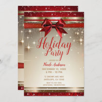 Gold Sparkle Red Bow Elegant Glam Holiday Party Invitation