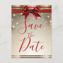 Gold Sparkle Red Bow Elegant Holiday Save the Date Announcement Postcard